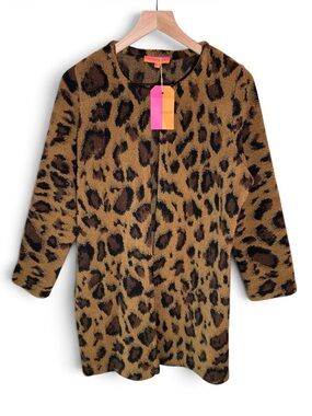 NEW Vilagallo Leopard Jacquard Cardigan Size 44 Large XL Wool Long Office Casual